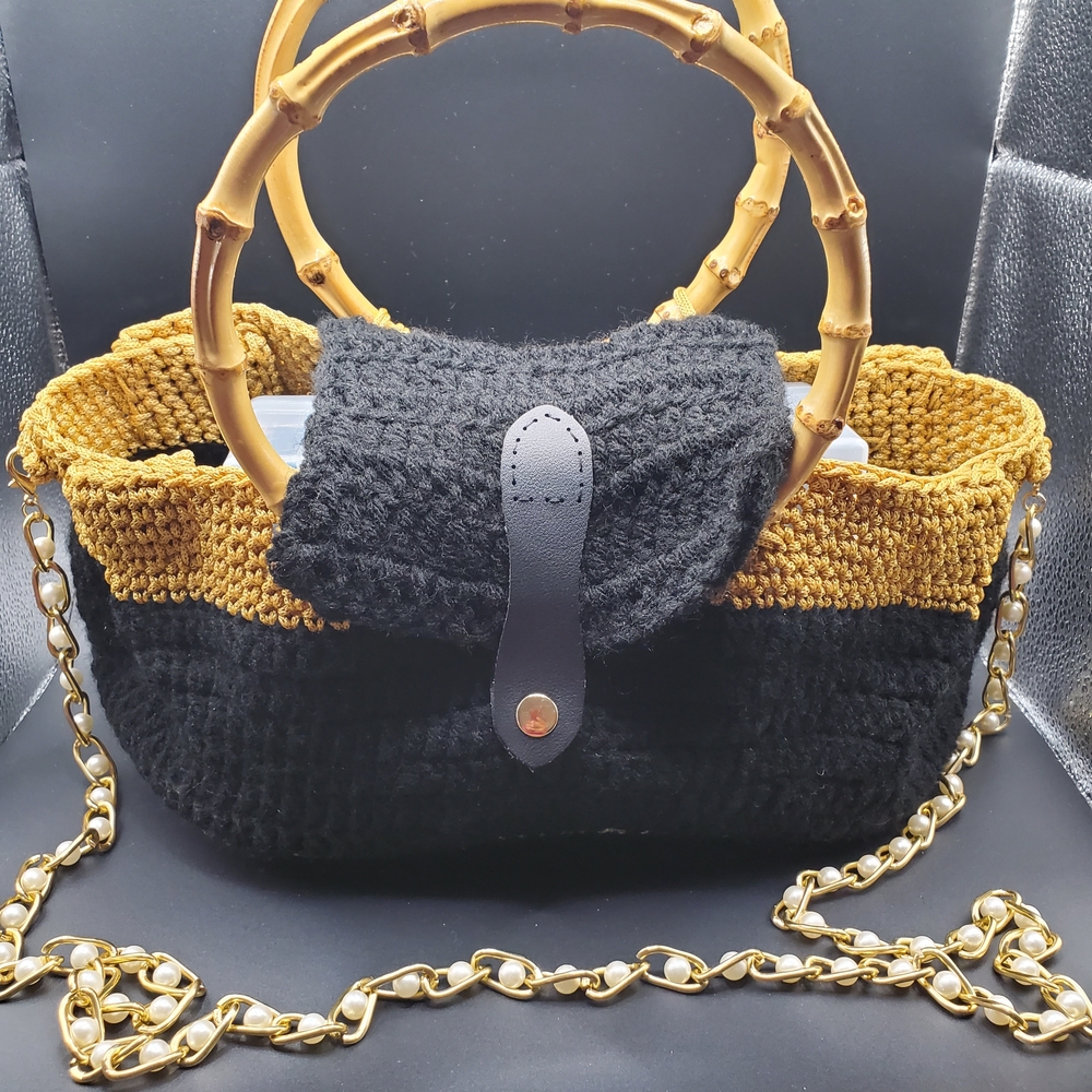 Black and Gold Knit Handbag with Bamboo Handles